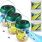 Qualirey 3 Fly Traps Outdoor with 3 Non Toxic Dissolvable Bait Refills, Reusable Insect Catcher Killer for All Filth Flies with Solar LED Light Design, Fruit Flies Traps for Outside Bug Control Yard