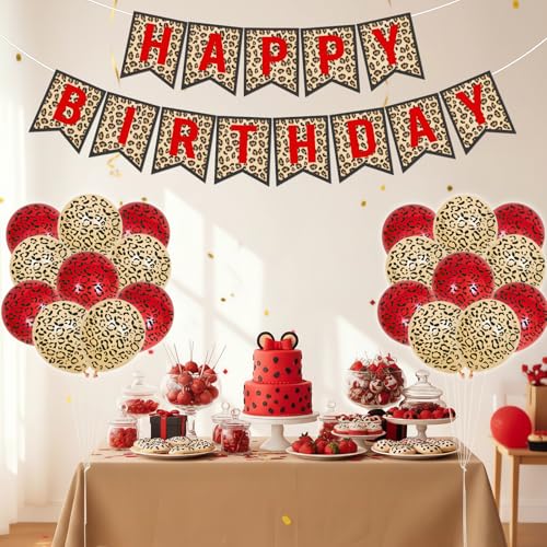 Image of Cheetah Print Birthday Decorations Leopard Happy Bday Banner Red Brown and Cheetah Print Latex Balloons for Girls Women Safari Wild Animal Birthday Party Decor Supplies