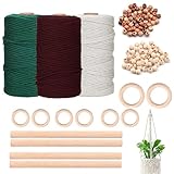 Macrame Corda, Filo Macrame 3mm, Set di Corda Macrame 3mmx100m, con Perline di Legno, Anelli di Legno, Aste Rotonde, Rosso Verde Beige, Natale Arazzi, Artigianato Fai da Te, per Adulti e Principianti