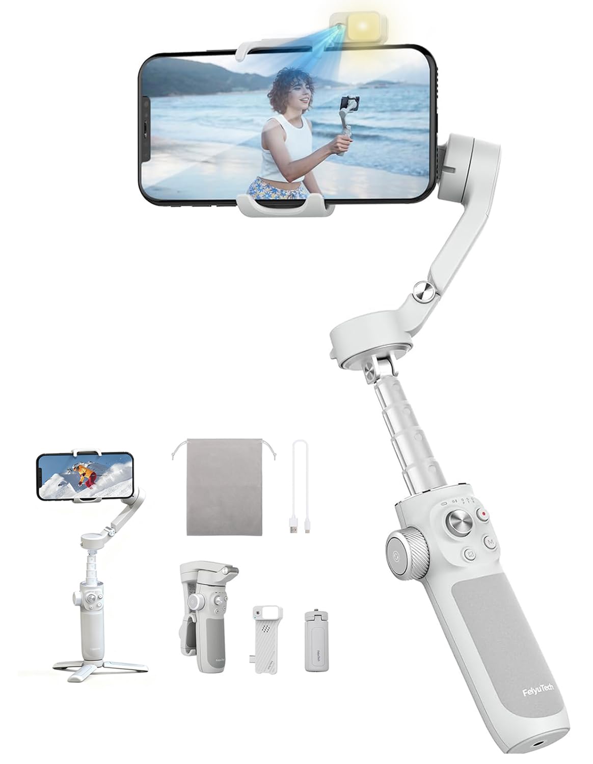 Feiyutech VB4 Kit Stabilisateur Smartphone avec Suivi 3 Axes,Traceur Magnétique AI 2-en-1&Lumière de Remplissage ACC.,Tige d'extension de 216mm,Charge utile de 260g,Stabilisateur pour iPhone/Android