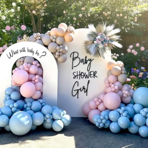 Image of Gender Reveal Balloon Arch Garland Kit 144pcs, Dusty Pink and Blue Sand White Balloons Arch Kit for Gender Reveal Boho Neutral Theme Baby Shower Birthday Bachelorette Decoration