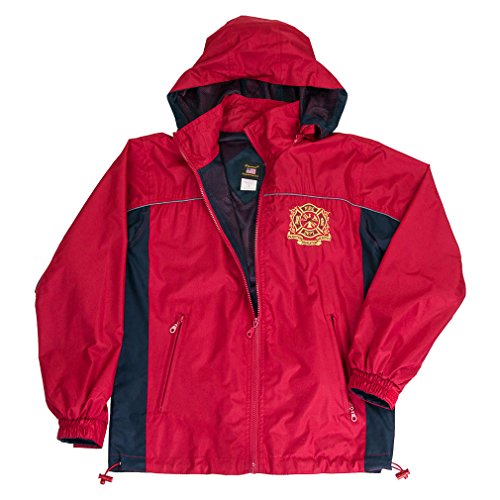 Erazor Bits Firefighter Jacket Hooded Light Weight Rain Resistant Windbreaker Jacket Reflective Safety Piping And Removable Hood Mesh Nylon Liner Embroidered Logo Draw Sting Waist XX-Large Red-Navy