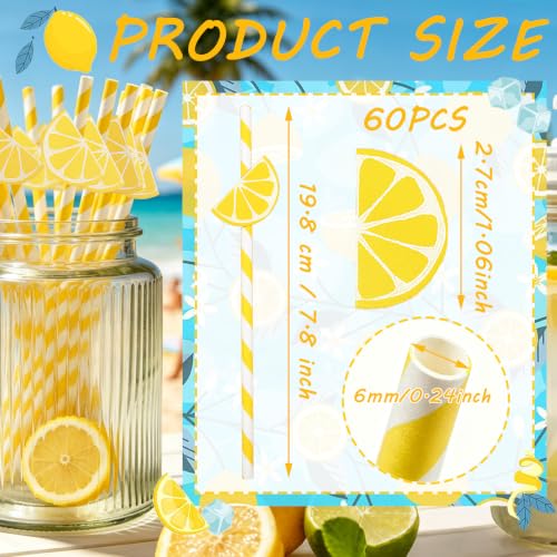 60 pitillos de papel limón desechables rayados amarillo miniatura 2