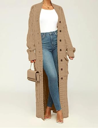 Women Stylish Cable Knit Dual Chunky Floor Length Maxi Cardigan with Button