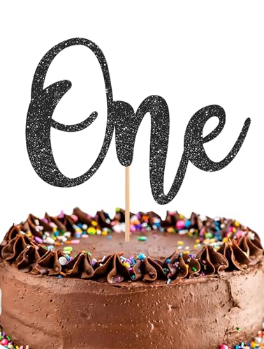 First Birthday Cake Topper - Glitter Black 1st Birthday Cake Decorations, One Year Old Cake Smash Decor, One Sign Cake Top Photo Booth Props (Black)