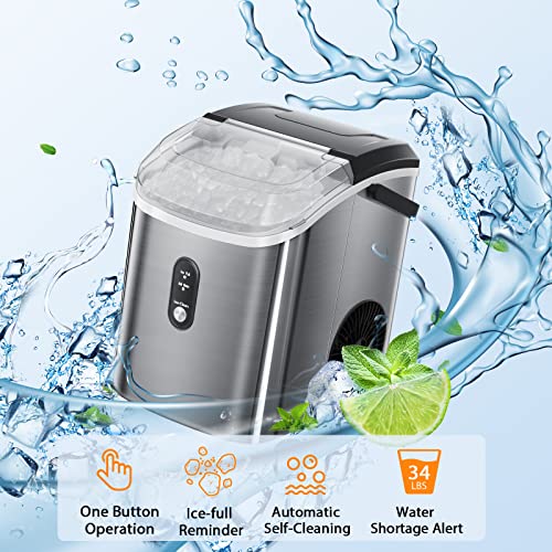 Nugget Countertop Ice Maker With Soft Chewable Ice, 34Lbs/24H, Pebble Portable Ice Machine With Ice Scoop, Self-Cleaning, One-Click Operation, For Kitchen,Office Stainless Steel Silver #TOP5