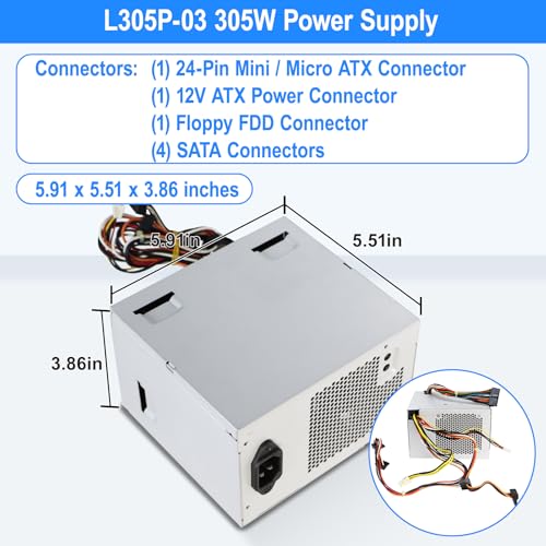Alimentatore aggiornato Nuovo L305P-03 M177R 305W di ricambio compatibile con Dell OptiPlex 740 745 755 780 980 MT Mini Tower M177R H305P-02 PS-6311-5DF-LF L305P-01 PSU - Alimentatore - Immagine 1