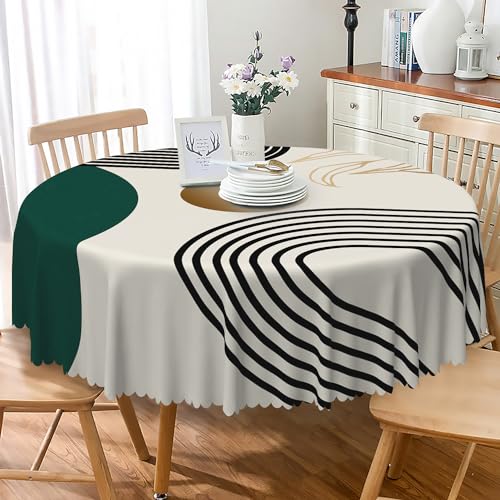 TTQYFNM green mid century round tablecloth with arch and sun design