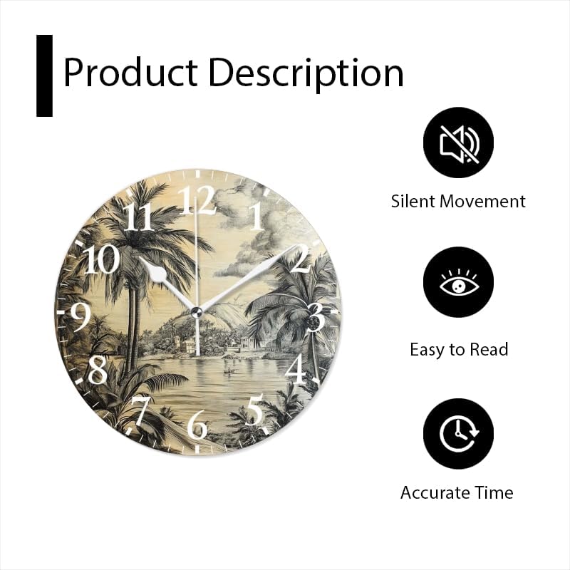 Battery Operated Round Wall Clock Non-Ticking Silent Analog Clcok Decorative for Living Room,Office,Kitchen-Black and White Landscape Painting of A Tropical Coast(16inch)