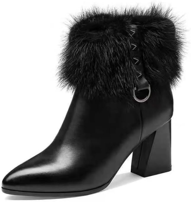 Women's Furry Chunky Heel Ankle Boot Pointed Toe Zipper Dress Short Booties High Heel Winter Warm Short Boots