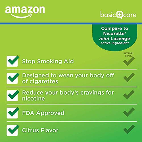 Image of Amazon Basic Care Mini Nicotine Polacrilex Lozenge, 2 mg, Citrus Flavor, Stop Smoking Aid, Smoking Cessation, Reduces Withdrawal Symptoms and Nicotine Cravings, 81 Count (Pack of 12)