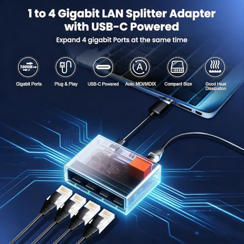 Image of ZORBES Gigabit Ethernet Splitter 1 to 4 Port, Gigabit Ethernet Splitter Network Switch, 1000Mbps High-Speed, Plug and Play, LAN RJ45 Internet Splitter with USB Cable for Router, Laptop /PC, TV, Xbox