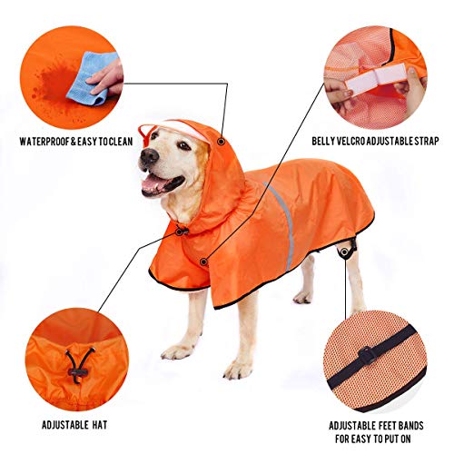 Dog Raincoat With Adjustable Belly Strap And Leash Hole - Hoodie With Reflective Strip - Waterproof Slicker Lightweight Breathable Rain Poncho Jacket For Medium Large Dogs - Easy To Wear, Orange 6Xl #TOP2