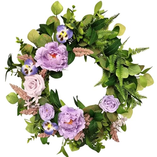 Zkieire 20 Inch Pale Purple Artificial Floral Wreath - Peony Rose Pansy with Lavender Wildflowers, Spring Summer Decor for Front Door Wall Window, Indoor Outdoor Wreaths