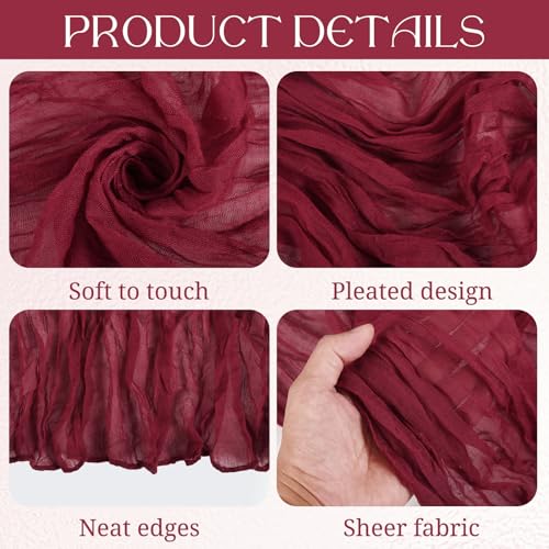 Pesonlook 6 Stück Burgunderrot Seihtuch Tischläufer 3 m Boho Gaze Tischläufer 55 x 300 cm rustikal romantisch Langer Tischläufer für Hochzeit Party Brautparty Erntedankfest Weihnachtsdekoration