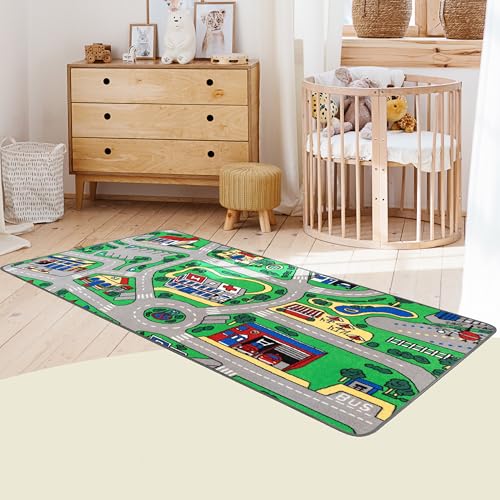 Primaflor Kinder-Teppich City 95 x 133 cm Interaktiver Straßenteppich mit Straßen & Gebäuden – Kindermatte für kreative Aktivitäten – Pflegeleicht, kurzflorig, Hochwertig CE & GUT geprüft