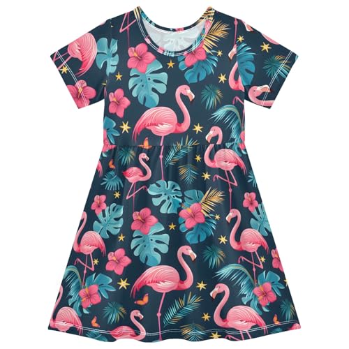 Reiacy Vestido de verano de manga corta para niñas de 2 a 8 años con estampado de flamencos, vestido casual de playa, Flor de flamenco, 2 años