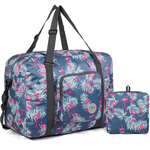 Wandf Foldable Travel Duffel Bag Carryon Luggage Sports Gym Weekend Tote Bag Water Resistant Nylon for Women (Flamingo F)