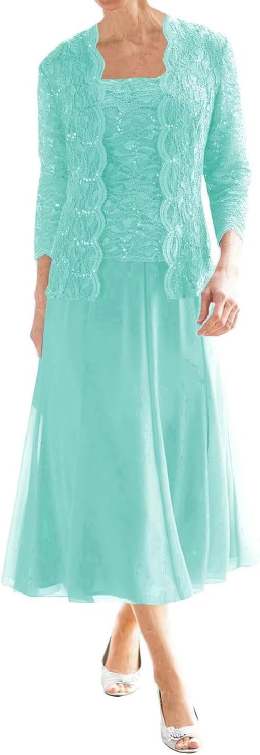 Mother of The Bride Dresses for Wedding Tea Length Lace Chiffon Formal Dress 2 Piece Grandmother Dresses with Jackets
