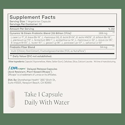 Stonehenge Health Probiotics 55 Billion CFU - 16 Strains, Prebiotic, Synbiotics Dynamic Biotics - Lactobacillus Acidophilus, Delayed Release, Shelf Stable, Non-GMO Gluten Free Veggie Capsule