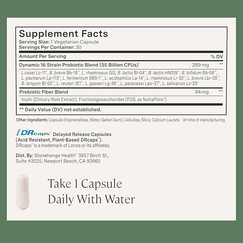 Stonehenge Health Probiotics 55 Billion CFU - 16 Strains, Prebiotic, Synbiotics Dynamic Biotics - Lactobacillus Acidophilus, Delayed Release, Shelf Stable, Non-GMO Gluten Free Veggie Capsule