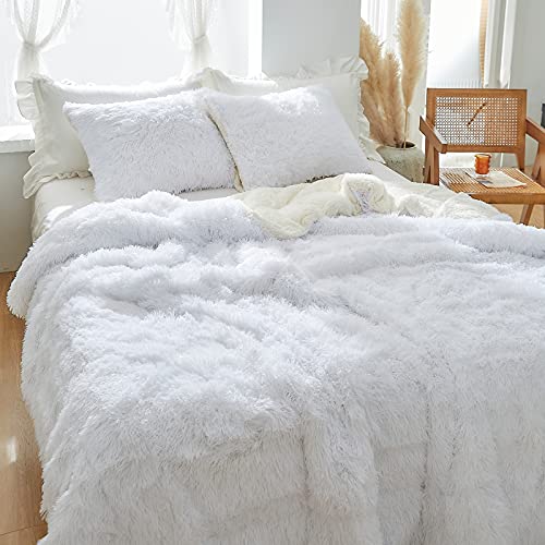 Uozzi Bedding White Faux Fur Comforter Set Queen 3 Pieces - 1 White Shaggy Comforter Set and 2 Pillowcases, Ultra Soft and Easy Care Luxury Plush Shaggy Duvet Set - Thumbnail 4