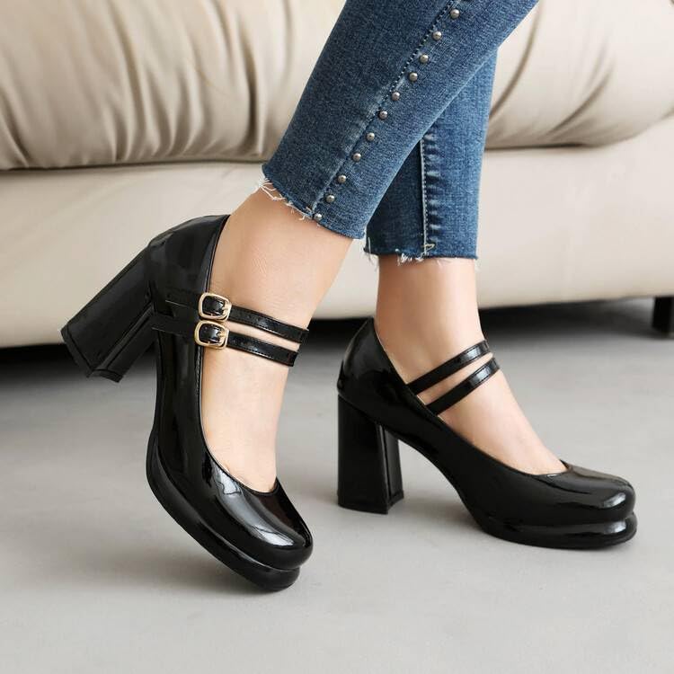 Women Platform Mary Jane Pumps Glossy Patent Square Toe Chunky High Heels with Double Belt Buckles3
