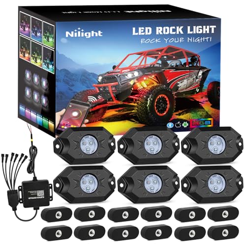 Image of Nilight RGB LED Rock Lights Kit 6 PCS Underglow Multicolor Neon Light Pod with Magnetic Base Bluetooth App Control Flashing Music Mode IP68 Wheel Well Light for Truck ATV UTV RZR SUV