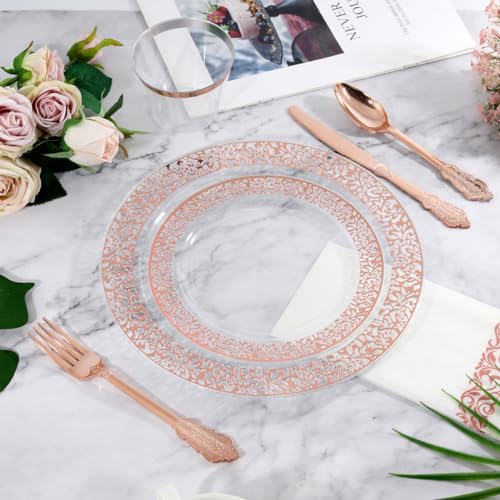 I00000 50 Guests Clear Rose Gold Plastic Plates - Disposable Dinnerware Set Includes: 100 Clear Rose Gold Plastic Plates, 150 Silverware, 50 Napkins, 50 Cups Perfect for Valentine's Day & Wedding — view 6