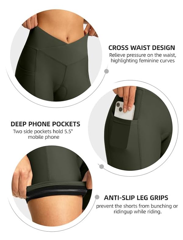 Women's Bike Shorts 4D Padded Cycling Shorts Crossover Waist Biking Shorts with Pockets Bicycle Riding (Olive Green XL) by Bikewa - Image 4