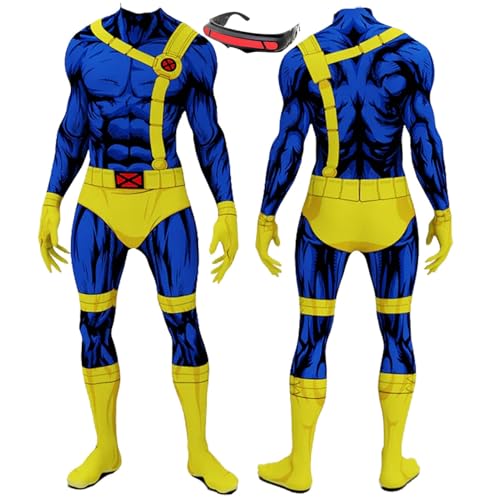 Hryuiew Cyclops Costume Adult Men Printed Jumpsuit with Glasses Superhero Scott Summers Cosplay Bodysuit for Halloween (Blue- Black Glasses, X-Small)