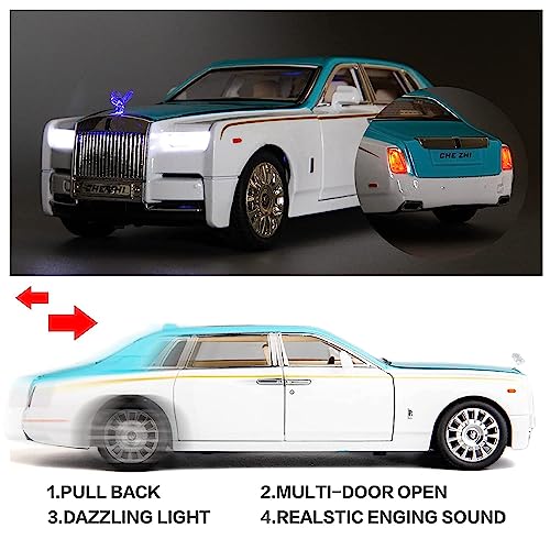 Image of Invite Enterprise Die-Cast Car 1:24 Rolls Royce Phantom Diecast Metal Pullback Toy Car With Openable Doors & Light, Music Boys Gifts Toys For Kids(1:24 Rolls Royce - White /Blue)
