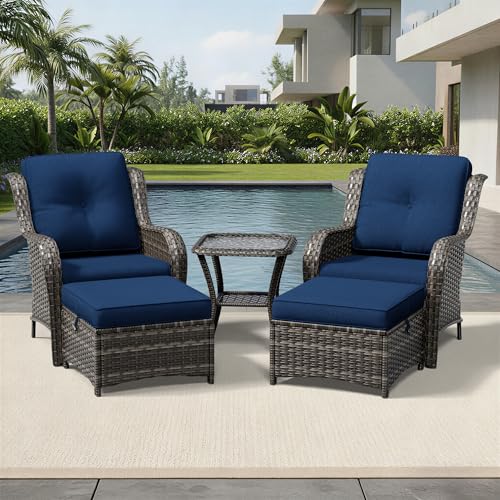 Image of Joyside 5 Piece Wicker Patio Furniture Set, Rattan Patio Chairs with High Back, Deep Seating, Wide Armrest, Thickened Cushions, Outdoor Furniture for Deck, Porch Use