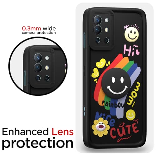 Image of Pikkme Back Cover for OnePlus 8T 5G / OnePlus 9R 5G | Soft Silicone| Cute Rainbow Smile & 3D Cartoon Flower Design | Shockproof Raised Camera Protection Bumper Case (Black)