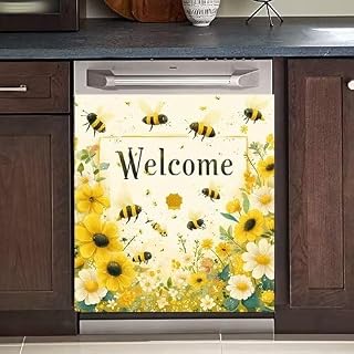 Generic Rustic Floral Sunflower Daisy Dishwasher Door Magnetic Lid Kitchen Decor Farmhouse Animal Bees Gathering Nectar Fridge Lid Magnetic Skin Dishwasher Panel Decal 23x26 Inch Magnetic