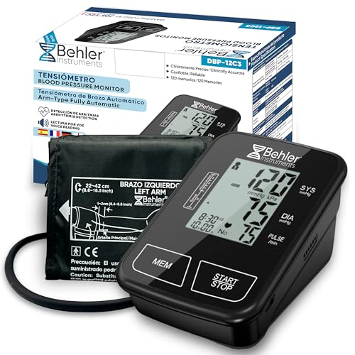 Behler - Tensiómetro de Brazo digital - Detección de Ritmo Cardíaco Irregular - Tensiometro de brazo - Monitor de presión arterial con Brazalete Ajustable y Lectura por Voz en 4 idiomas