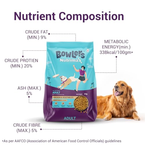 Image of Bowlers Nutrimax Adult Dry Dog Food | Chicken & Vegetables | 3 kg Protein | Smooth Digestion & Healthy Coat | Complete & Balanced Nutrition | Enriched with Essential Amino Acids