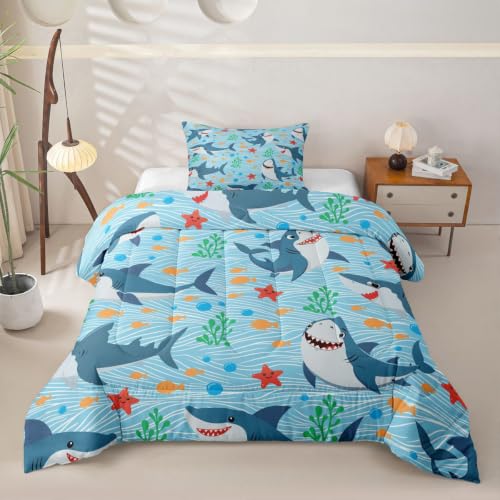 Cute Shark Comforter Set Twin Size,Fish Coral Bedding Set 2pcs for Kids Teens Boys Girls Room Decor,Mysterious Under Sea Animals Plants Themed Quilt Set Cartoon Blue Duvet Insert with 1 Pillowcase