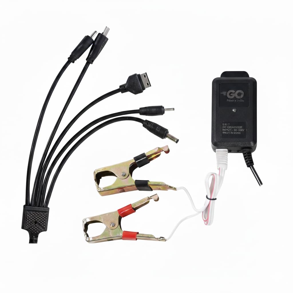 5-in-1 DC Mobile Charger with Battery Clamps, Universal Car Battery to Phone Charger Adapter for iPhone Android Type-C Micro USB, Black, Made in India 5-in-1 DC Mobile Charger with Battery Clamps, Universal Car Battery to Phone Charger Adapter for iPhone Android Type-C Micro USB, Black, Made in India