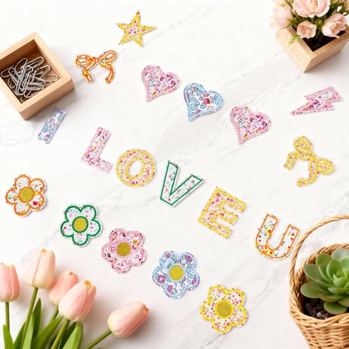 Askyorte 82Pcs Self-Adhesive Letters Patches for Clothing, Floral Varsity Letters & Cute Shape Stickers, No-Sew Iron On or Stick On for Jackets, Jeans, Backpacks, Kids Bags by Askyorte - Used condition - Image 7
