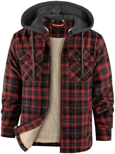 (-28%) zitysport Holzfällerjacke Gefüttert Herren Hemdjacke Sherpa Fleece Kariert Jacke Fleecefutter Mantel Flanelljacke Outdoor Kapuzenjacke Kariert Männer Winterjacke mit Kapuze Sweatjacke(Rot Grau, L)