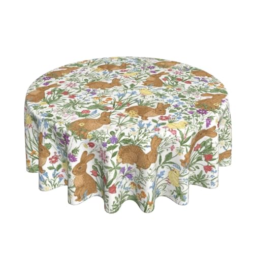 BETGINY Easter Tablecloth 60 Inch Round Spring Bunny Floral Table Cloth Dust-Proof Wrinkle Resistant Rustic Vintage Rabbit Flower Tablecloth for Holiday Kitchen Dining Room Party Picnic