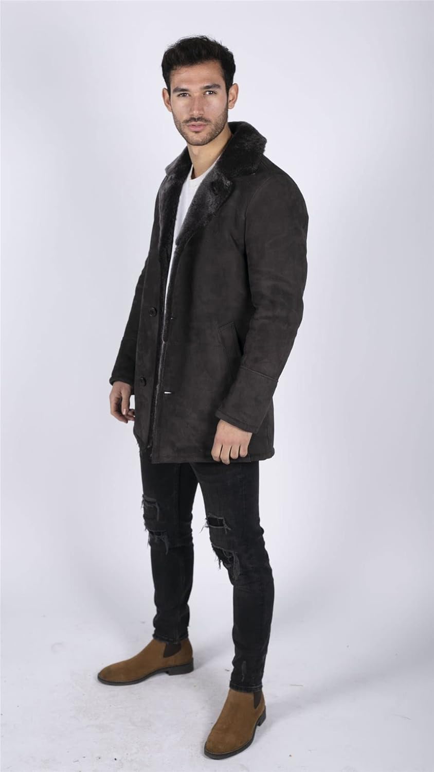 TruClothing Mens Real Sheepskin Coat Brown Vintage Classic 3/4 Jacket Button Down V Neck