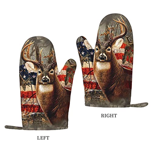 Nelife Deer American Flag Oven Mitts And Pot Holders Sets Of 2,Resistant Recycled Infill Silicone Non-Slip Bbq Gloves For Kitchen,Cooking,Baking,Grilling #TOP1