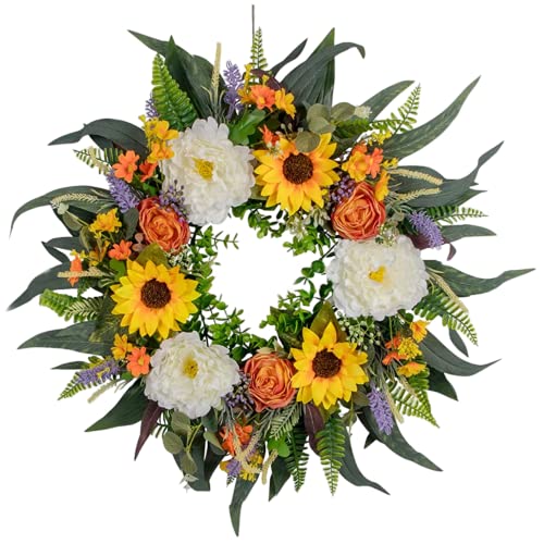 Artificial Summer Wreath for Front Door Flower Wreath Eucalyptus Summer Door Wreath Decorative Door Garland for Home Decor 40cm, Summer Door Wreaths, Summer Eucalyptus Wreaths