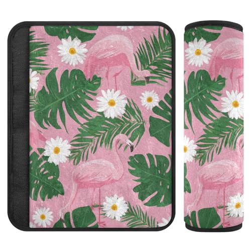 Image of 2 Pack Seatbelt Covers Seat Belt Cover Pad for Adults Boys Girls Car Seat Strap Covers Pads Cushion Universal Shoulder Strap Pad Protector for Backpack Camera Bag 10x7.7Inch Cute Pink Daisy Flamingos
