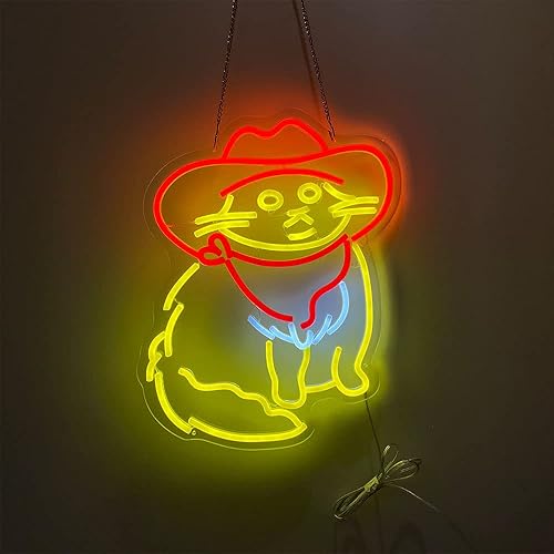 Miniatura 5 de MewNeon Letrero LED de neón con diseño de gato Meowdy para decoración de bares, sombrero de vaquero y gato para decoración de pared, bonito letrero