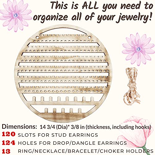 Wooden Jewelry Organizer Wall Mounted, Hanging Jewelry Organizer Earring Organizer Necklace Holder Bracelet Holder Over the Door, Jewelry Holder for Earrings, Necklaces &Rings (13Wx13L, rustic) - Thumbnail 2