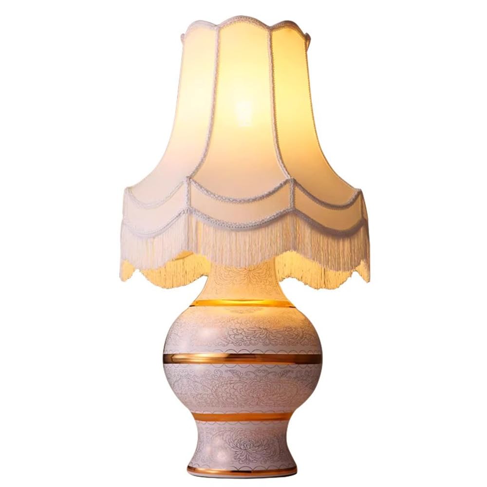 SANBDDLYY Hand-Painted Chinese Ceramic Table Lamp - Traditional Porcelain Bedside Fabric Shade for Bedroom, Living Room, and Office