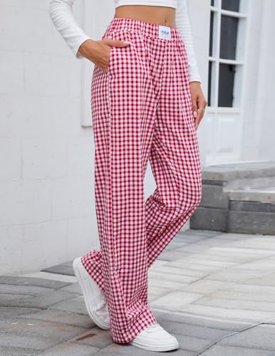 Women's Casual Elastic Waist Plaid Pants Trendy Pajama Pants Breathable Y2k Trousers with Pockets4